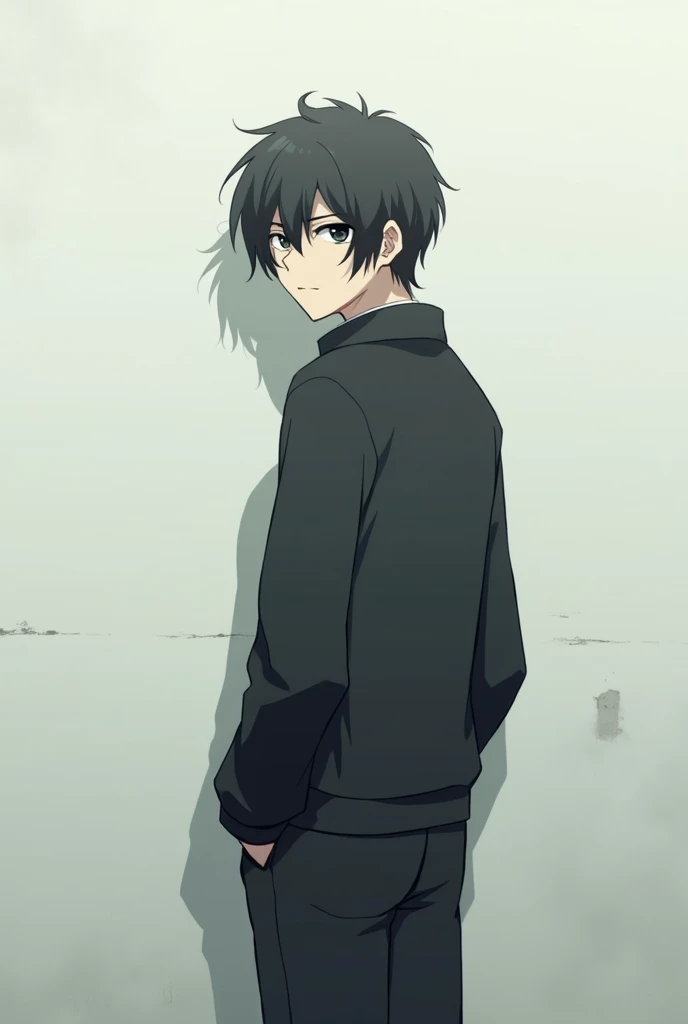 The image is in the style of a Ghibli studio anime., although somewhat gloomy and adult, A 20-year-old young man appears in it. He is standing in front of a white wall, He is seen almost turned on his back, He has medium-long hair and black eyes.. He appears serious. He is wearing a black sweater and black pants.
