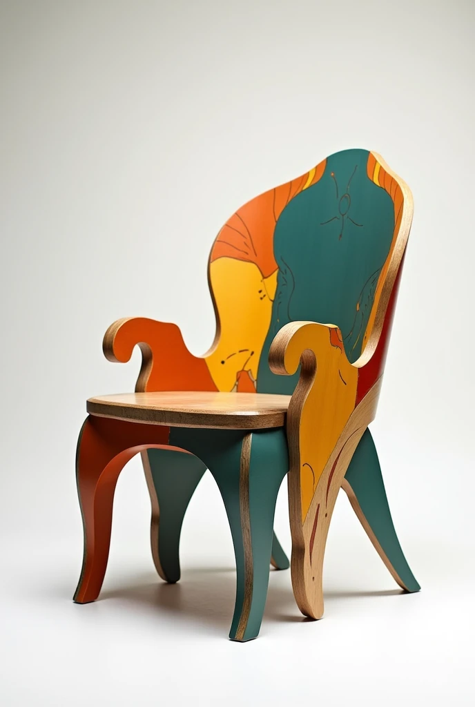 Generate a chair where Art Nouveau is involved, Art Deco and Pop Art with a minimalist aesthetic combined with sustainability that looks elegant and striking 