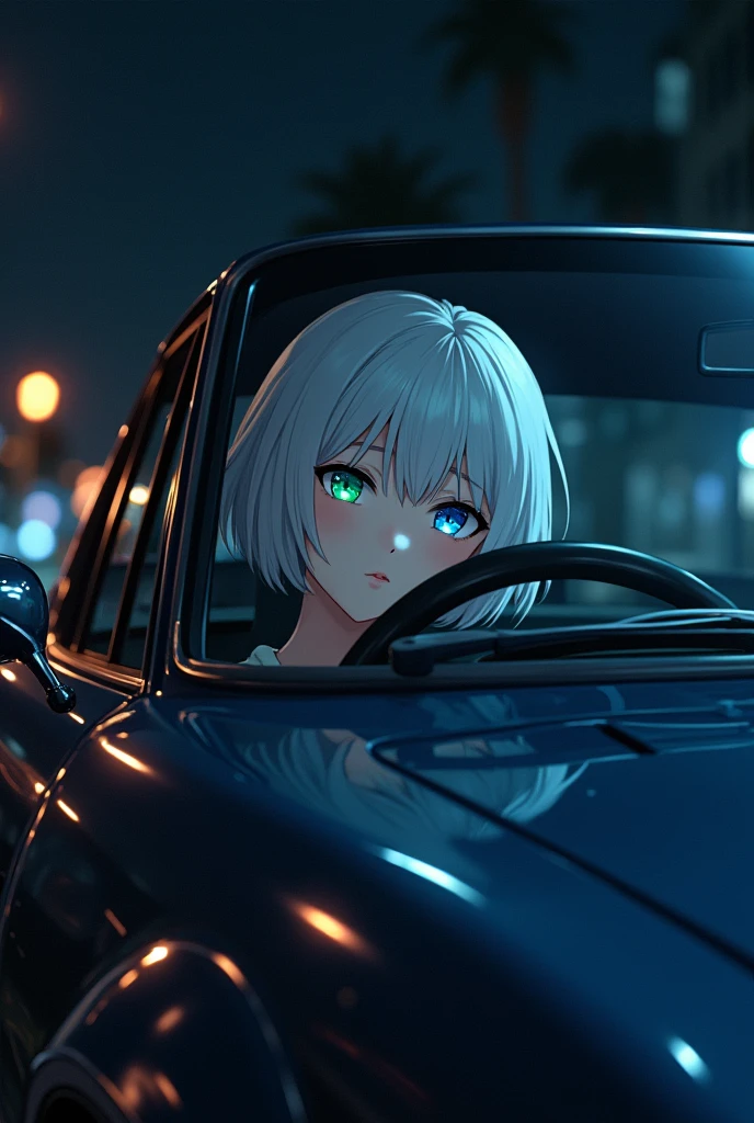 anime style, young adult woman, with blue right eye and green left eye, short white hair.
Driving a toyota supra mk4.
at night.
View from the side window.