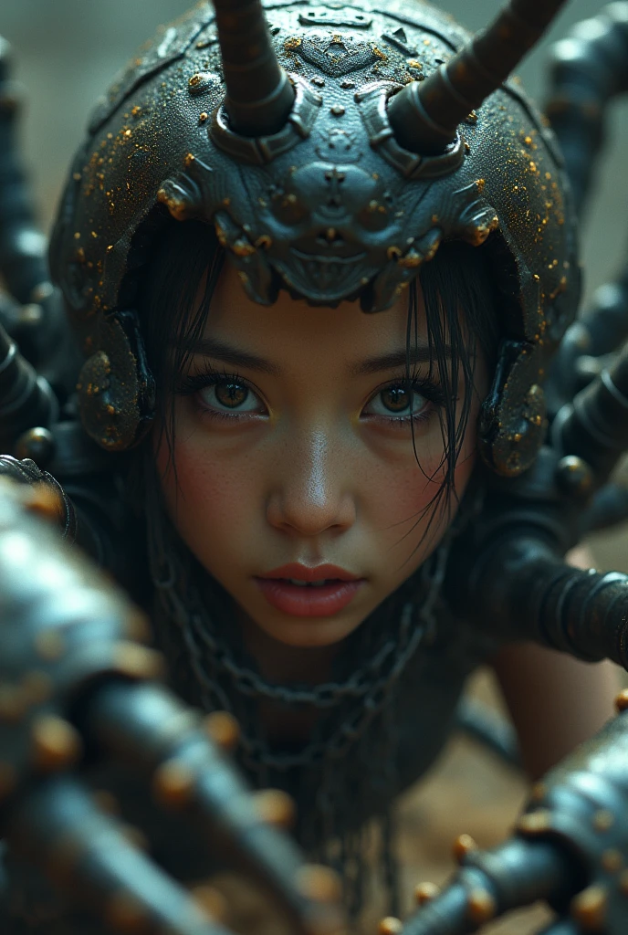 a chained girl fighting a massive scorpion, beautiful detailed eyes, beautiful detailed lips, extremely detailed face, long eyelashes, dramatic lighting, fantasy, dark fantasy, digital art, muted colors, cinematic composition, dramatic pose, highly detailed, 4k, masterpiece, photorealistic
