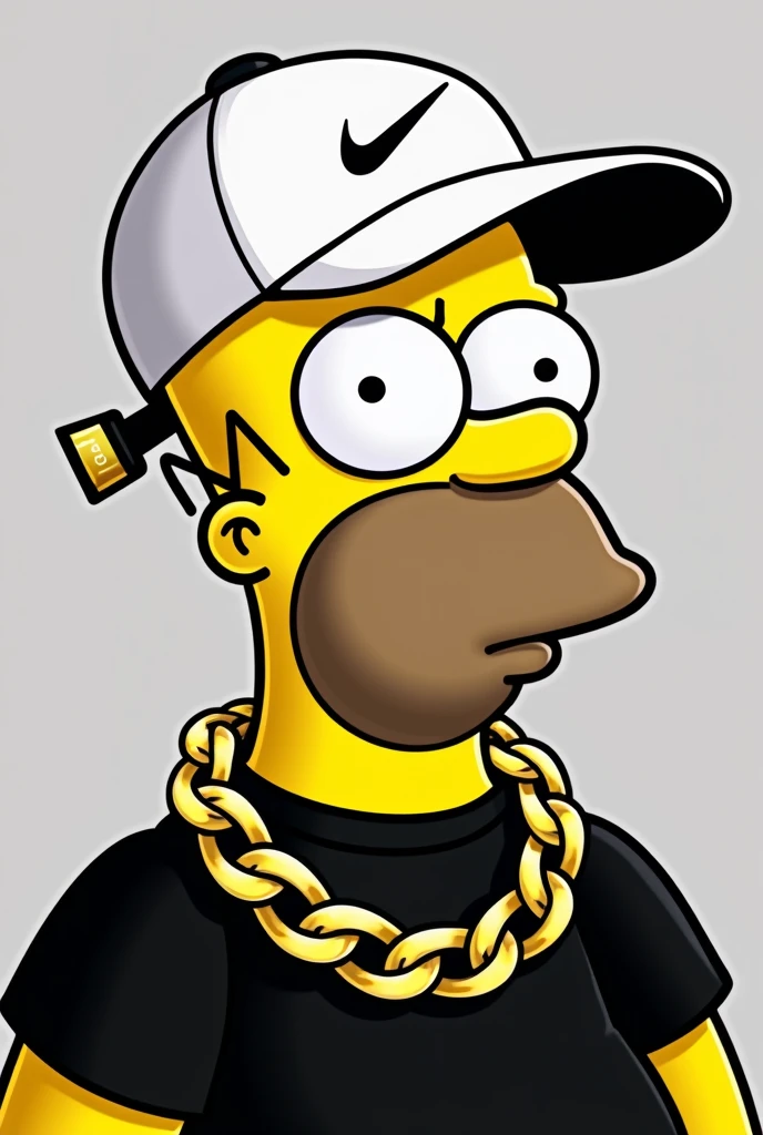 Homer Simpson with a white Nike rap-style cap backwards , with a padlock-shaped beard that the beard is short and very elegant with a black shirt and a gold chain