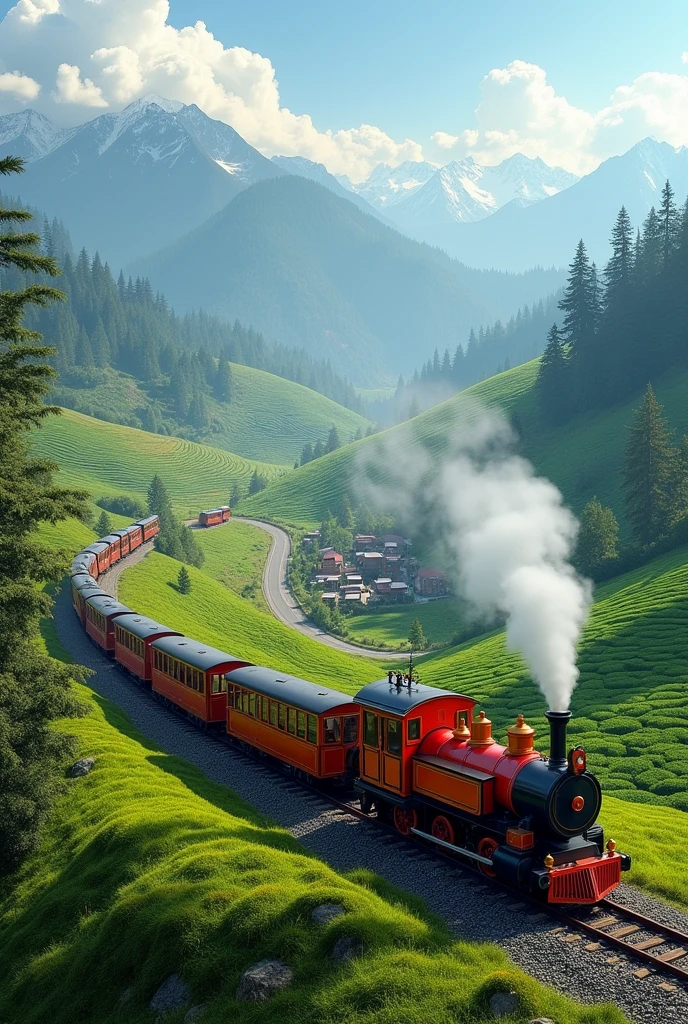 Make an image of toy train riding in the hills (of Darjeeling)