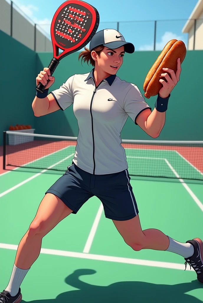 I want a photo of a padel player with a hot dog in one hand and a padel racket in the other.. The background of the image will be a professional padel court