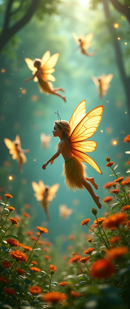 imagen de cuentos infantiles,Many beautiful fairies flying among wildflowers, magical, bright lights, idyllic, ethereal, (best quality, 4k, 8k, high resolution, masterpiece: 1.2), ultra detailed, (realistic, photorealistic, photorealistic: 1.37), intricate, fractals, delicate features, large butterfly wings, long flowing hair, glowing aura, fantasy, vibrant colors, dramatic lighting, lush nature background, dreamy atmosphere, sparkling sparkles
