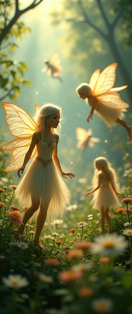 imagen de cuentos infantiles,Many beautiful fairies flying among wildflowers, magical, bright lights, idyllic, ethereal, (best quality, 4k, 8k, high resolution, masterpiece: 1.2), ultra detailed, (realistic, photorealistic, photorealistic: 1.37), intricate, fractals, delicate features, large butterfly wings, long flowing hair, glowing aura, fantasy, vibrant colors, dramatic lighting, lush nature background, dreamy atmosphere, sparkling sparkles
