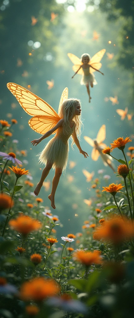 imagen de cuentos infantiles,Many beautiful fairies flying among wildflowers, magical, bright lights, idyllic, ethereal, (best quality, 4k, 8k, high resolution, masterpiece: 1.2), ultra detailed, (realistic, photorealistic, photorealistic: 1.37), intricate, fractals, delicate features, large butterfly wings, long flowing hair, glowing aura, fantasy, vibrant colors, dramatic lighting, lush nature background, dreamy atmosphere, sparkling sparkles