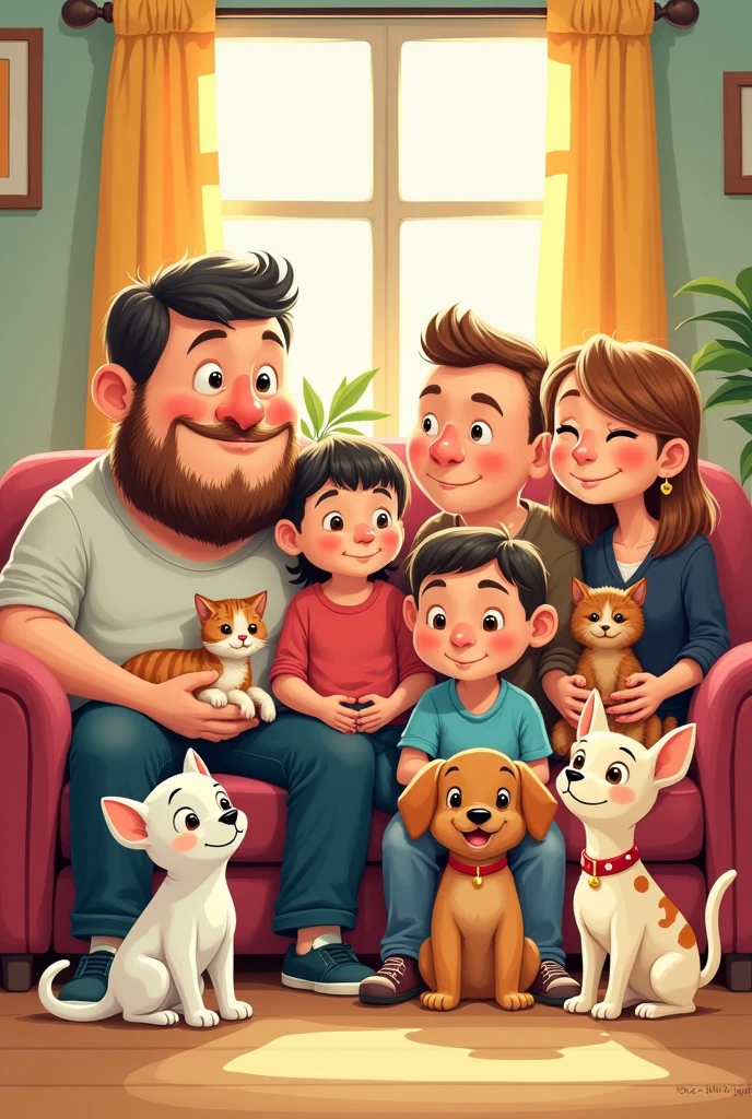 The cutest cartoon of a large family of 10 members, without children, 0 children, not typical, along with her puppies and a kitten, sharing all together