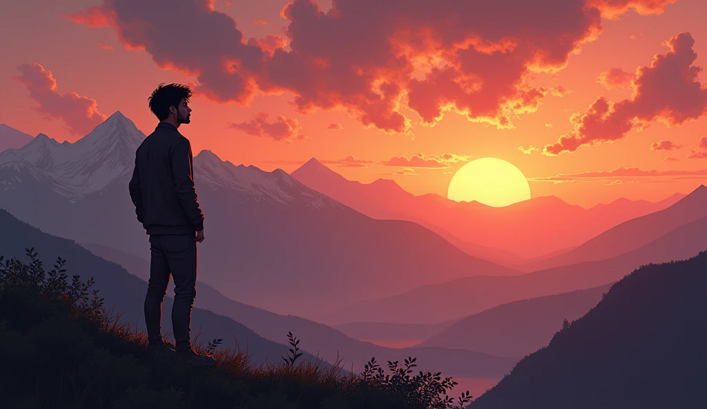 **Rohan looking at a distant mountain range** as the sun begins to set, symbolizing the passage of time.
