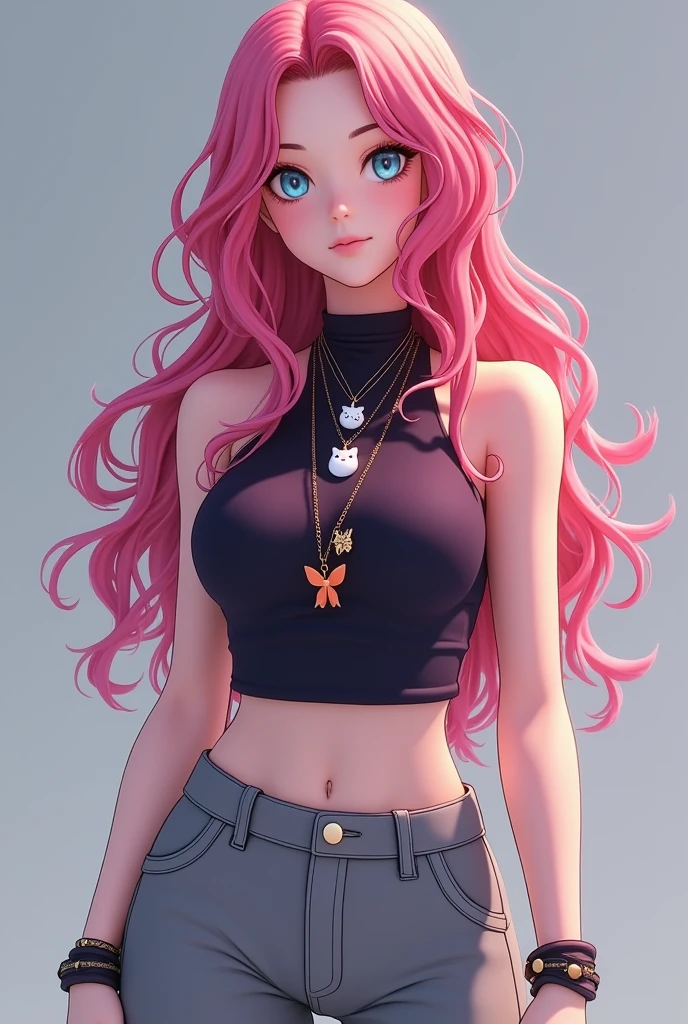 She is a very beautiful young fifteen-year-old girl with snowy skin, long wavy hair of a pale pink color that ends in red at the ends, and expressive almond-shaped eyes, almost transparent in light blue., He has a slim and athletic body, Her heart-shaped face has a small nose and light strawberry pink lips., Her clothing consists of a dark purple sleeveless high-necked shirt that highlights her small pressed waist over tight light gray pants and elegant black ankle boots.. He wears three necklaces, the longest is the one with a white cat., The second is the one with a five-pointed star that is between gold and orange and the last and smallest is the one with a small magenta butterfly., On her left deck she has a light magenta yin-shaped bracelet.. ((Style Epic Anime 3D))