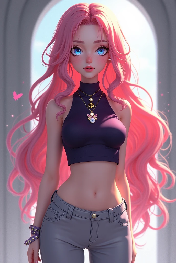 She is a very beautiful young fifteen-year-old girl with snowy skin, long wavy hair of a pale pink color that ends in red at the ends, and expressive almond-shaped eyes, almost transparent in light blue., He has a slim and athletic body, Her heart-shaped face has a small nose and light strawberry pink lips., Her clothing consists of a dark purple sleeveless high-necked shirt that highlights her small pressed waist over tight light gray pants and elegant black ankle boots.. He wears three necklaces, the longest is the one with a white cat., The second is the one with a five-pointed star that is between gold and orange and the last and smallest is the one with a small magenta butterfly., On her left deck she has a light magenta yin-shaped bracelet.. ((Style Epic Anime 3D))