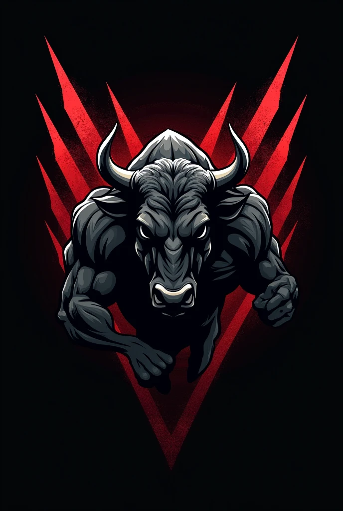 Design a powerful and dynamic logo for a bodybuilding brand featuring a strong, muscular bull as the central figure, symbolizing strength, power, and determination. The bull should have well-defined muscles, with a stance that conveys energy and dominance, embodying the essence of bodybuilding. Use sharp, angular lines to emphasize the bull's muscular build and add a sense of intensity. Incorporate bold, dark tones like black, deep red, or metallic gray to create a fierce and commanding presence. The logo should be visually impactful and brand-appropriate, with no text or letters included