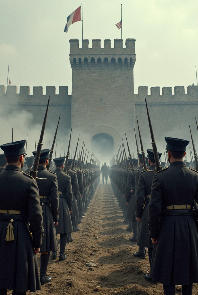 French and German soldiers face off on a battlefield, with the fortress of Verdun in the background.