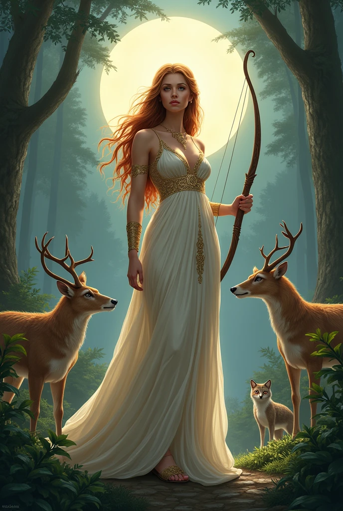 greek goddess artemis, with a bow and arrow, elegant white golden dress, hunting, forest, full moon, moonlit, multiple guardian animals around her
