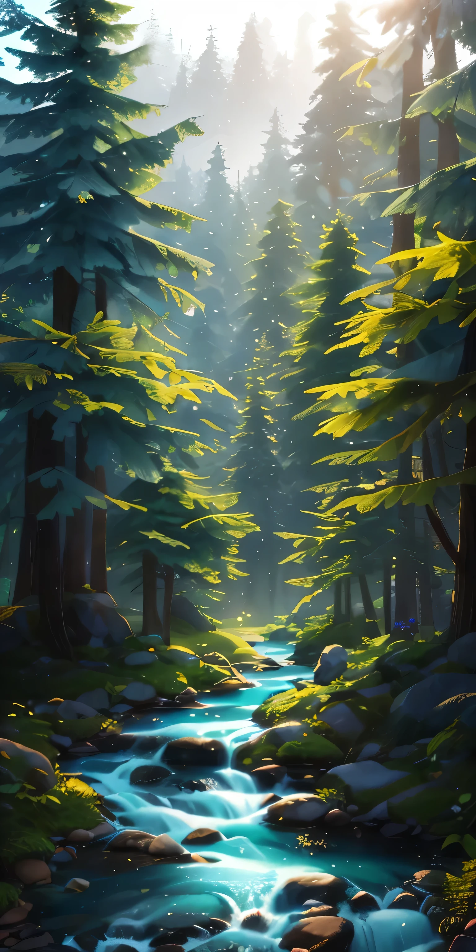 Small tree from an isometric perspective々cute miniature style forest with river and small river, masterpiece, highest quality, very detailed CG Unity 8K wallpapers, oil, award winning photography, Bokeh, Depth of bounds written, HDR, bloom, chromatic aberration, realistic, very detailed, artステーションでトレンド入り, cgsociety, Complex, high detail, dramatic, art：Mid-Journey, volume lighting