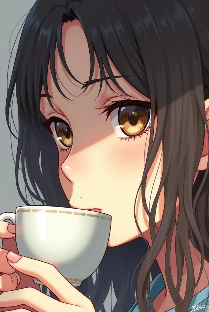 There is a drawing of a woman drinking coffee, Close-up of Rei Iwakura, in style of ilya Kuvshinov, Inspired by Shinsui Ito, Kuvshinov ilya, Kuvshinov, Guido Crepax, ilya Kuvshinov face, Anime portrait of Shiina Ringo, by Shinoda Toko