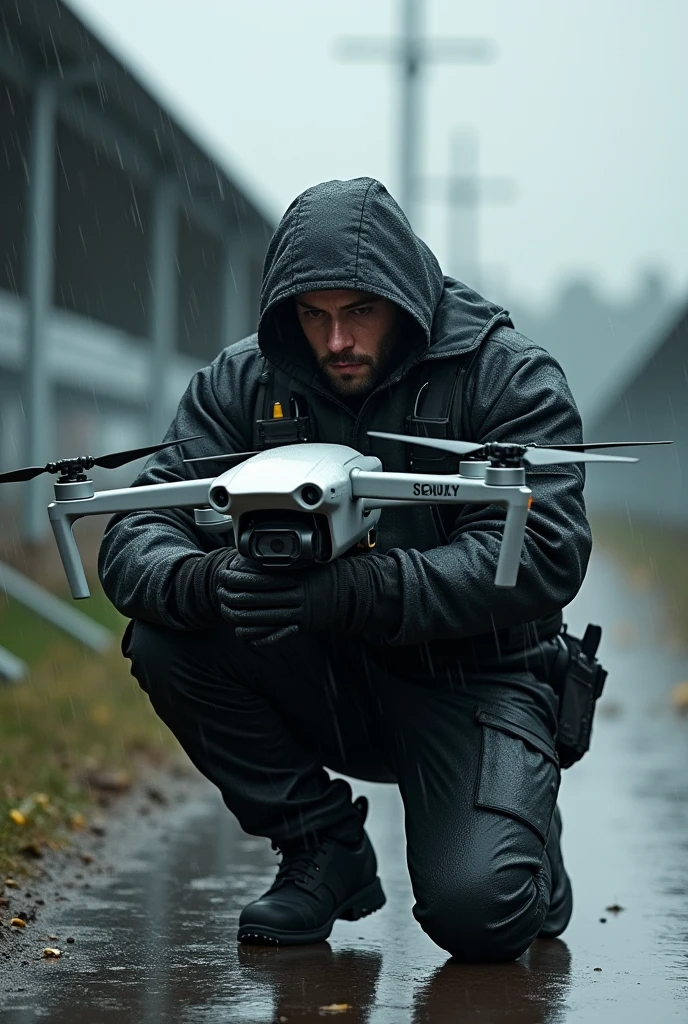 1 Man of 1.80 height working in a solar panel plant as a security guard in black tactical clothing on his knees hugging a raining drone