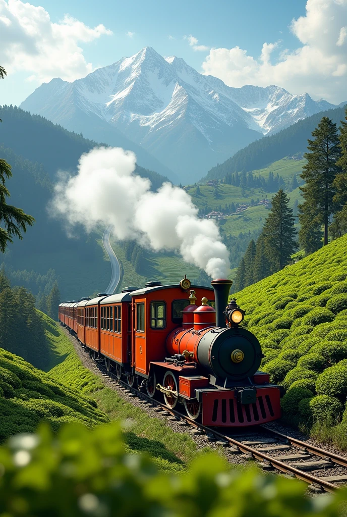 Make an image of toy train riding in the hills (of Darjeeling)