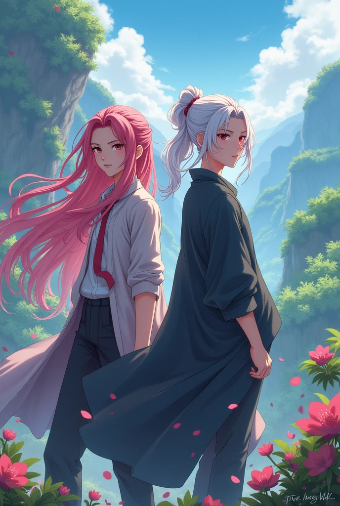 create a young man with long pink hair who meets another young man with long tied white hair anime fanart art well done then they go together on an adventure they meet a villain and fight together against this threat this horrible and ugly monster