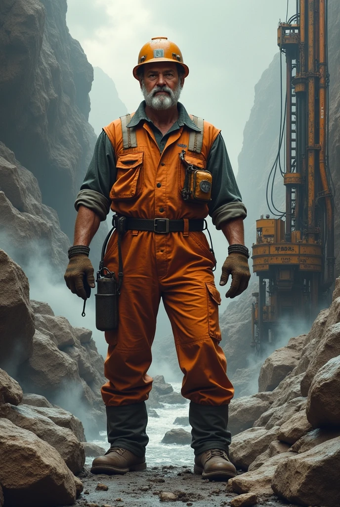 outline of standing man in front view . Dress him up as a miner with orange overalls, that the man sweats. On the side there are rocks with steam, jumbo with steam. flowing water belching steam