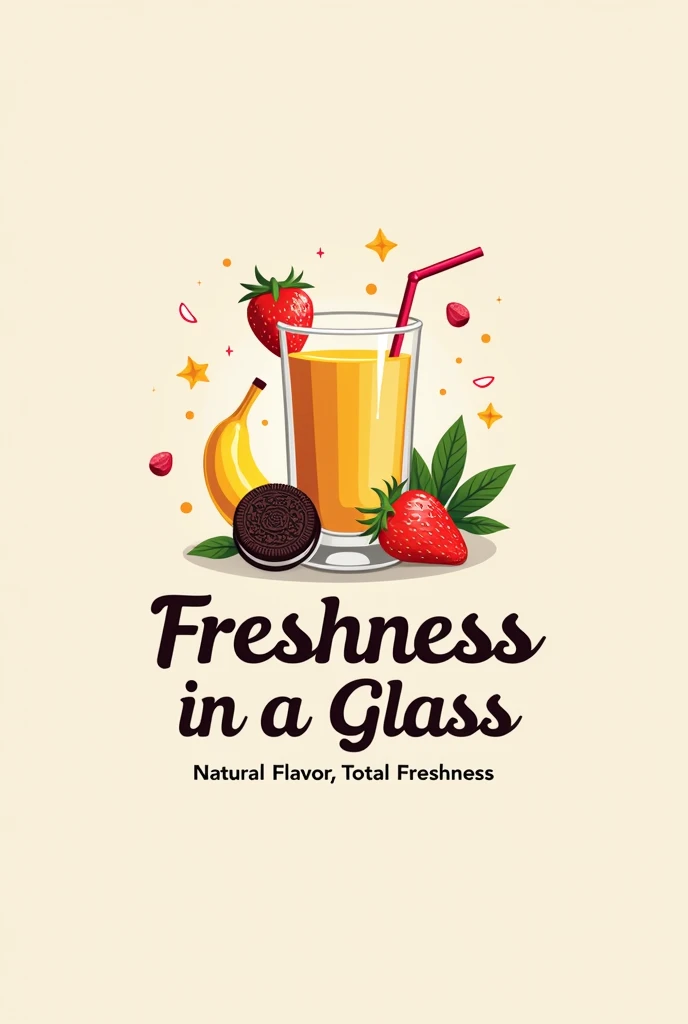 Design an attractive and modern logo that represents the essence of our company. The logo must include the name "Freshness in a glass" and the slogan "Natural Flavor, Total Freshness". It should reflect the freshness and naturalness of our smoothies, highlighting the Oreo flavors, Strawberry and Banana in a visual and creative way.