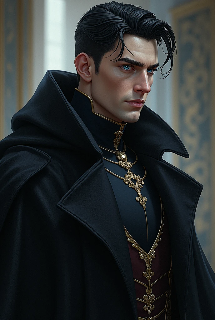 Create an image of a man named Cyrus Voss Grimhart. He has an imposing and majestic appearance. His skin is pale and he has black hair, perfectly trimmed. Your eyes are an icy blue, penetrating and charged with a dominant coldness. Cyrus has a tall, athletic build., with a presence that exudes power and authority. He is dressed in noble clothes, luxurious, but without exaggeration, that reflect their high status. Your expression should convey confidence, Absolute Control, and a subtle touch of cruelty, as if he were always assessing his surroundings with a calculated gaze