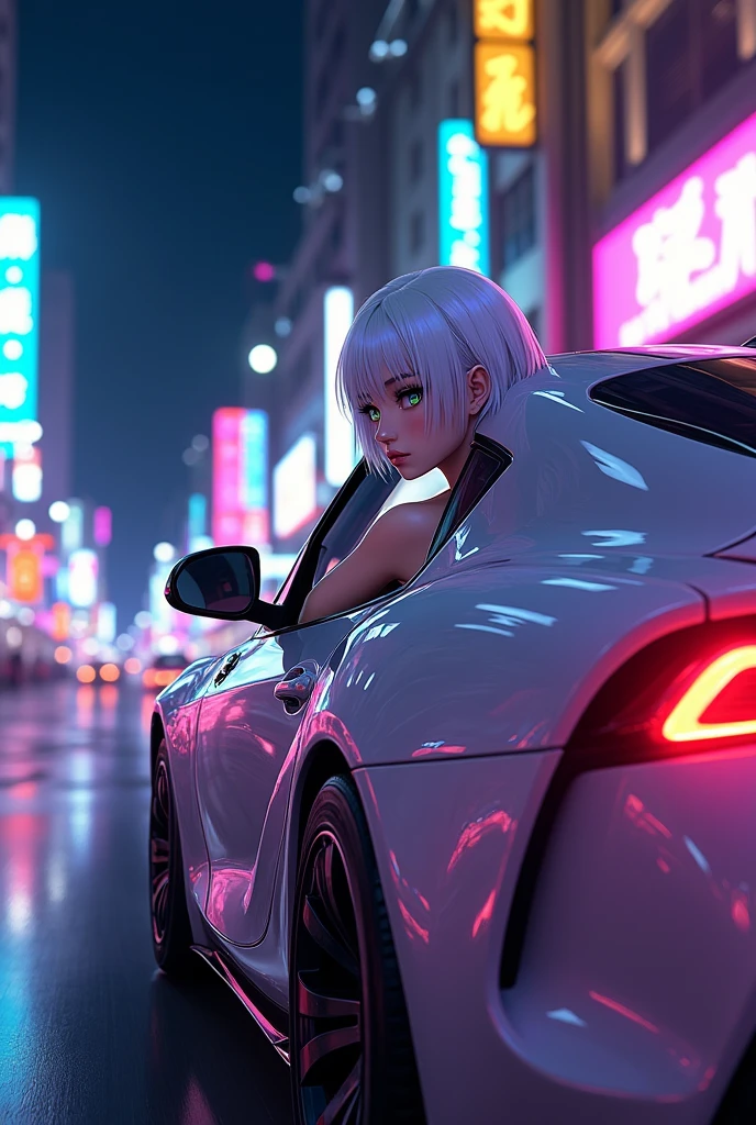 anime style, young adult woman, with blue right eye and green left eye, short white hair.
Driving a toyota supra mk4.
at night.
View from the side window.
neon lights.