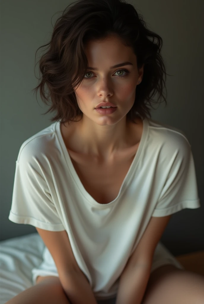 (photorealism:1.2), beautiful woman, leaning forward, looking into camera. she is wearing a very loose, oversized t-shirt that is fully on here, but so bigher small breasts and nipples are visible (down the neck hole of the shirt). brunette, short hair.