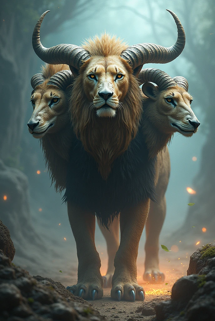 Create a mythological creature from three different animal heads
