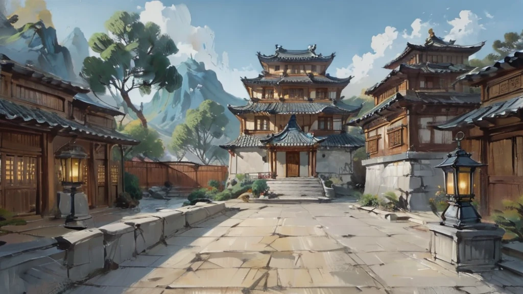 中国Ink画, masterpiece , best quality, Ink画,Guo Chao,Ink,(Xianxia scene,Fantasy fairyland scene,Pavilions,architecture具有东南亚特色,cloud雾缭绕:1.5),outdoor,Sky,daytime,cloud,Tree,Blue sky,nobody,window,plant,architecture,landscape,lantern,stairs,Potted plants,architecture,东亚architecture,landscape
