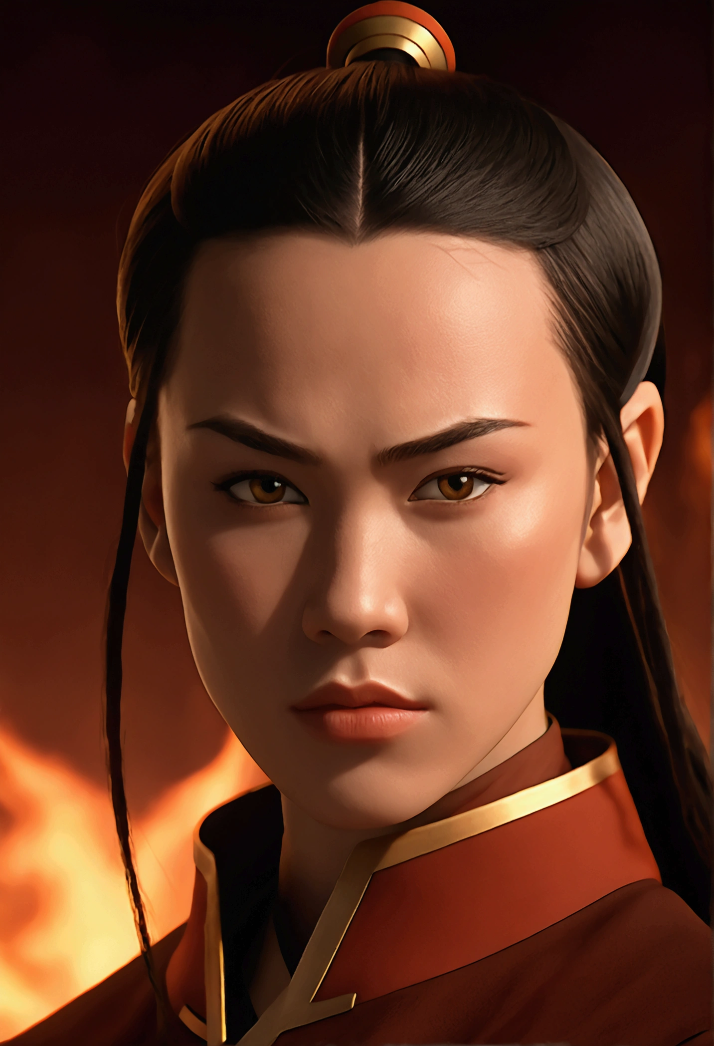 A detailed portrait of Azula from the Fire Nation, nude, in a long shot composition, highly detailed, realistic, photorealistic, 8K, sharp focus, physically-based rendering, beautiful detailed face, piercing eyes, elegant long hair, flawless skin, dynamic pose, dramatic lighting, warm color palette, epic fantasy atmosphere, naked 