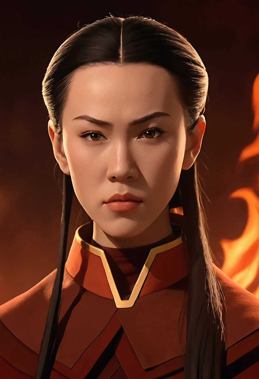 A detailed portrait of Azula from the Fire Nation, nude, in a long shot composition, highly detailed, realistic, photorealistic, 8K, sharp focus, physically-based rendering, beautiful detailed face, piercing eyes, elegant long hair, flawless skin, dynamic pose, dramatic lighting, warm color palette, epic fantasy atmosphere, naked 