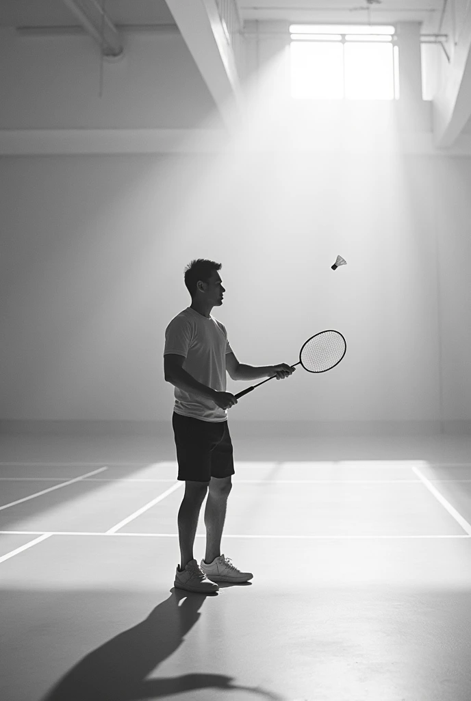 A man plays badminton alone.
