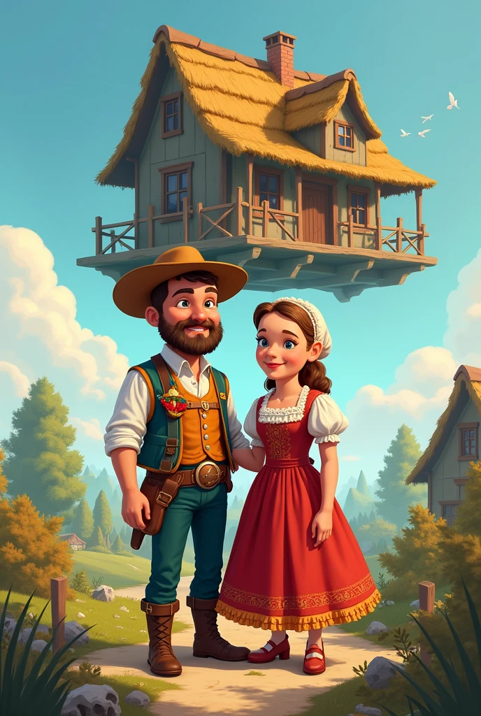 (( farmer man and woman, traditional dutch costumes))  in the background isometric house, RPG style, Cartoon s, dnd, fancy, Mobile Game，primitive man，animal bone，stone，Wood, suspended in air