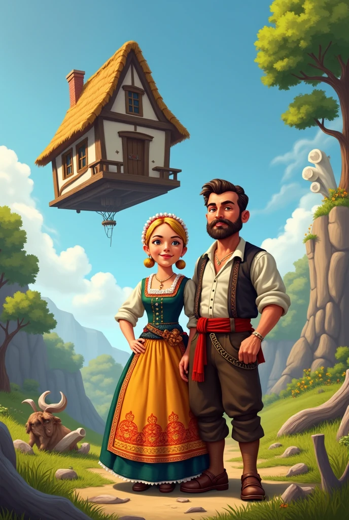 (( farmer man and woman, traditional dutch costumes)) in the background isometric house, RPG style, Cartoon s, dnd, fancy, Mobile Game,primitive man,animal bone,stone,Wood, suspended in air