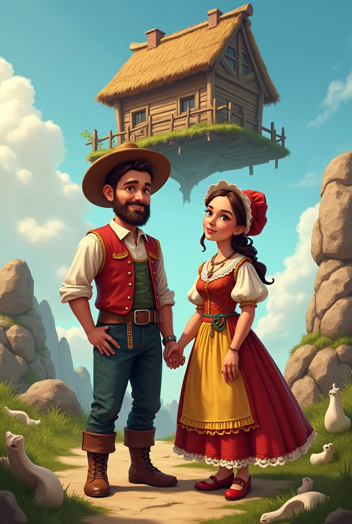 (( farmer man and woman, traditional dutch costumes))  in the background isometric house, RPG style, Cartoon s, dnd, fancy, Mobile Game，primitive man，animal bone，stone，Wood, suspended in air