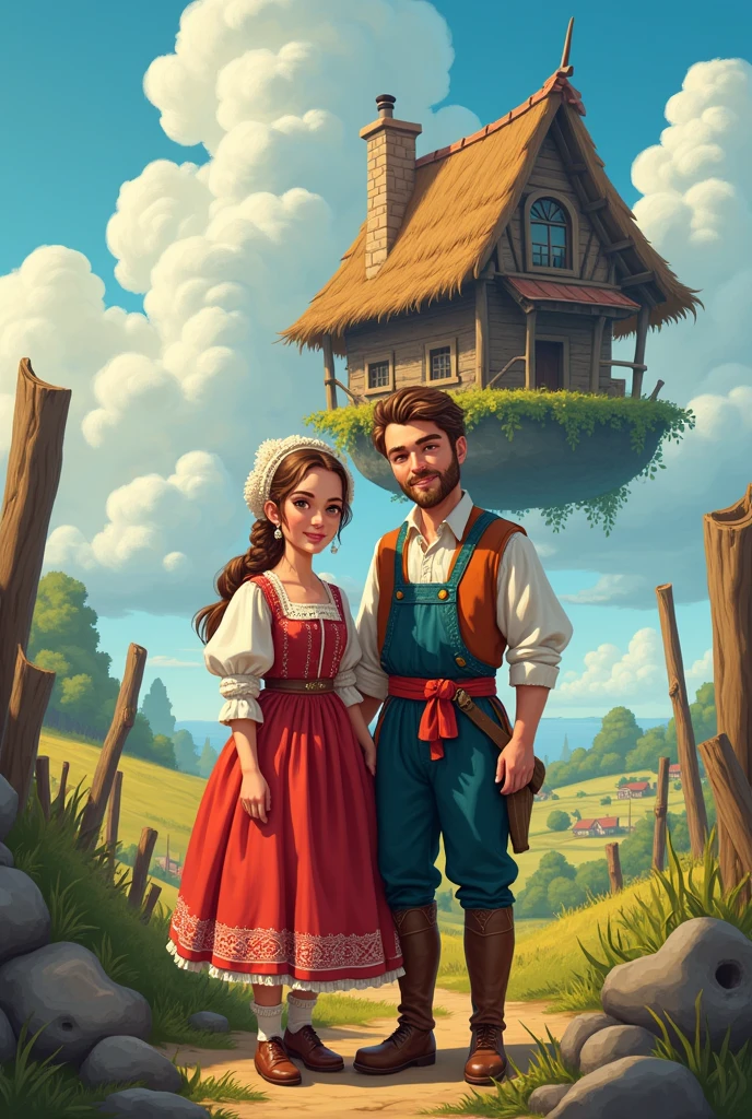 (( farmer man and woman, traditional dutch costumes)) in the background isometric house, RPG style, Cartoon s, dnd, fancy, Mobile Game,primitive man,animal bone,stone,Wood, suspended in air