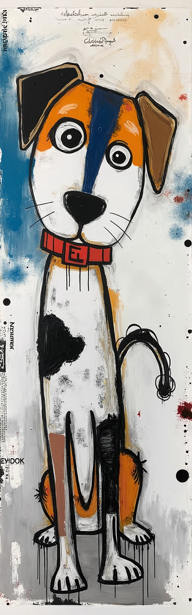 This stylized, vertical painting features a dog with exaggerated features. The dog has a large head with wide eyes and a prominent black nose. Its body is slender with elongated legs, and it wears a bright red collar. The background is abstract, with splashes of blue, orange, and white paint, along with black paint drips and splatters, adding to the whimsical nature of the artwork. The overall style is playful and imaginative, making it a unique and eye-catching piece.