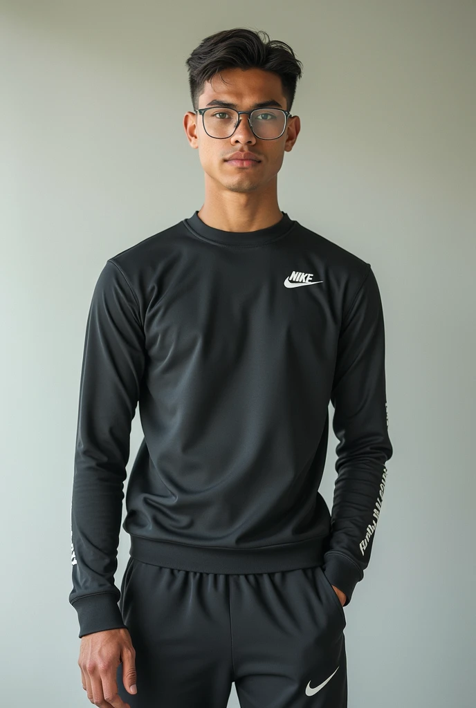 Young mixed-race man with greenish brown eyes and short hair, Dress with Nike from head to toe, Wearing Transparent Rectangular Glasses.