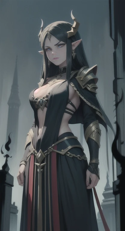 Masterpiece, best quality, mythical, Alluring Hylian, Black flame enchantress, Hyrule, legendary Triforce, armor, looking at viewer pissed, judgemental glare,