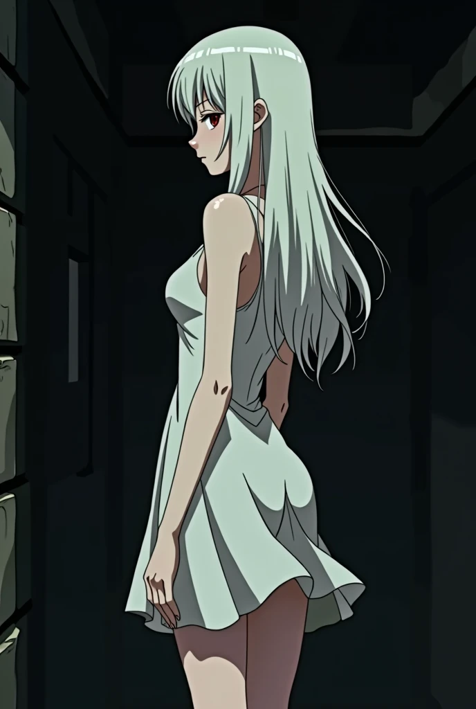 The image is in the style of a Ghibli studio anime., although somewhat gloomy and adult, It features a 20-year-old albino adult woman.. She is standing in front of a black wall, you see him from behind, She has long hair and red eyes. Shown with a smile. She has a white dress that reaches her knees.. strong thighs.