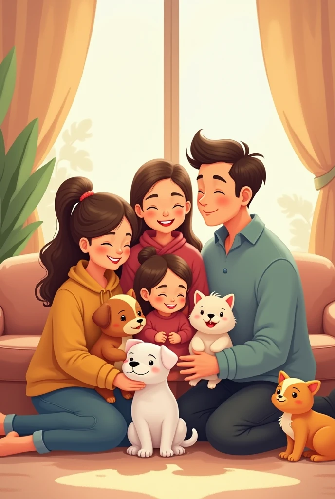 Even more tender cartoon of a large family of 10 people, without children, 0 children, along with her puppies and a kitten, sharing all together
