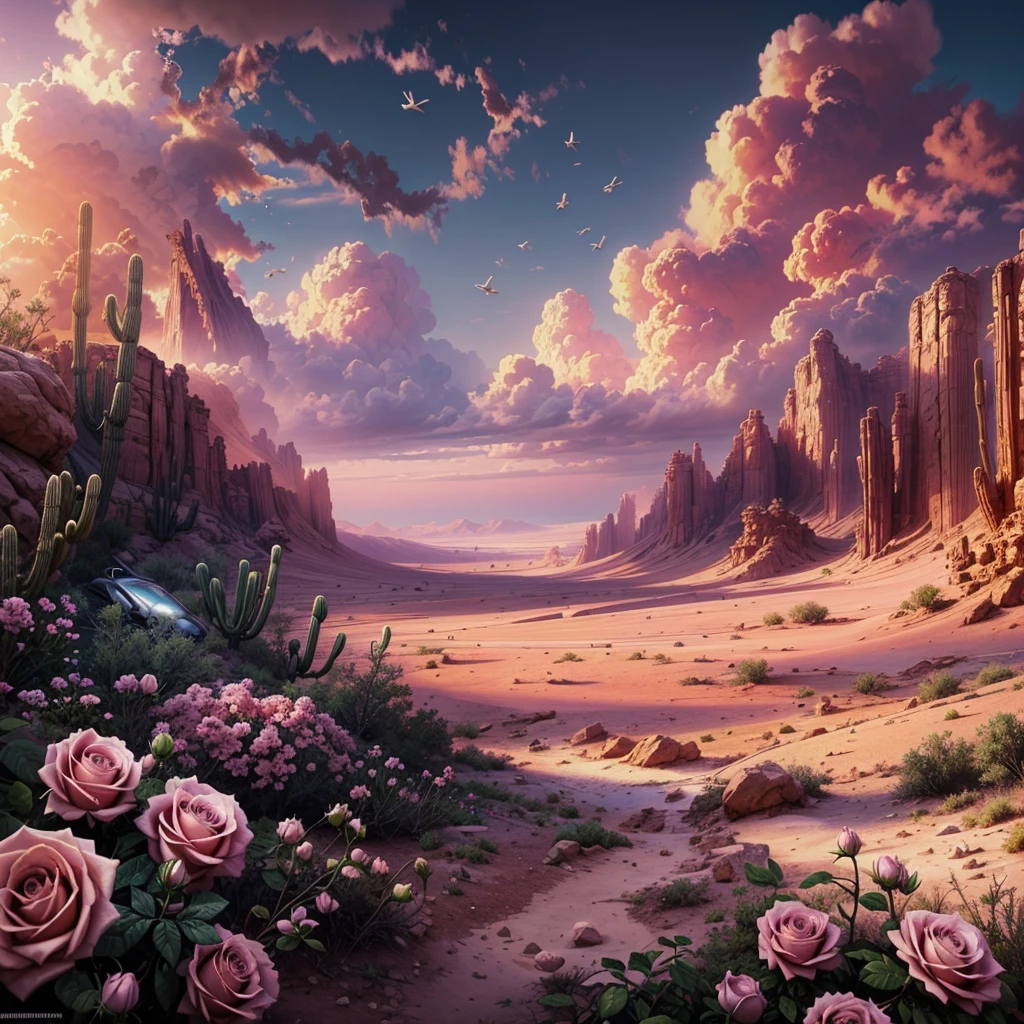 Summer, desert, pink clouds, a land overgrown with roses, James Gurney, art station rendering, ultra-wide lens, high definition