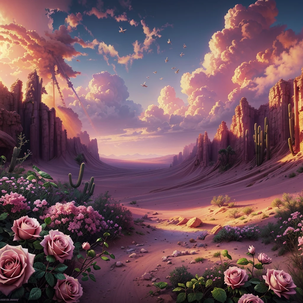 Summer, desert, pink clouds, a land overgrown with roses, James Gurney, art station rendering, ultra-wide lens, high definition