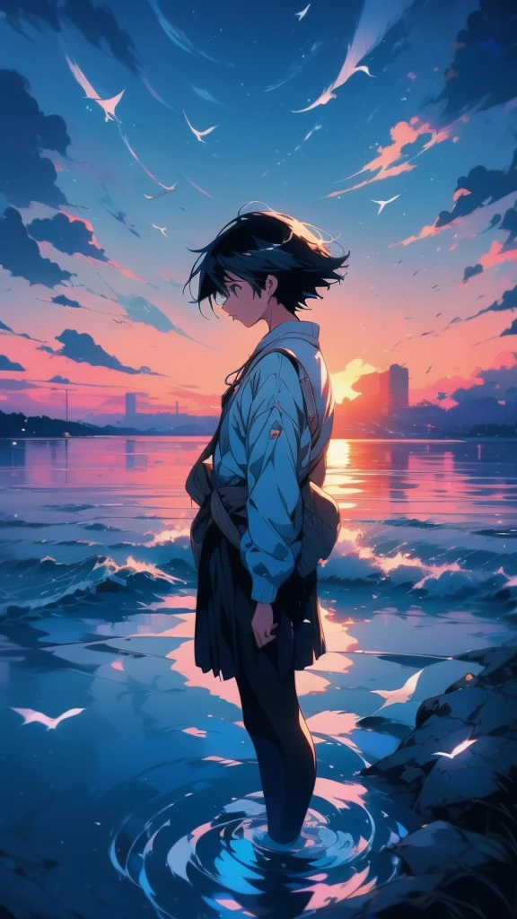 Anime girl standing in water with white birds flying in the sky, makoto shinkai cyril rolando, Walking on water anime, Beautiful peaceful scene in anime, Wallpaper Anime Blue Water, ( ( Makoto Shinkai ) ), in style of Makoto Shinkai, Inspired by Cyril Rolland, Inspired by Makoto Shinkai, Makoto Shinkai!!