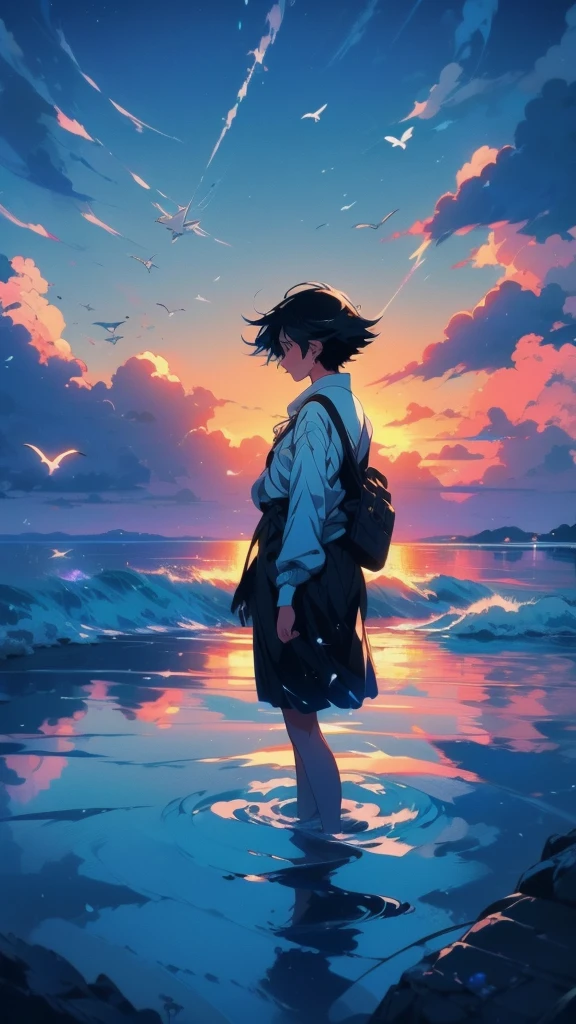 Anime girl standing in water with white birds flying in the sky, makoto shinkai cyril rolando, Walking on water anime, Beautiful peaceful scene in anime, Wallpaper Anime Blue Water, ( ( Makoto Shinkai ) ), in style of Makoto Shinkai, Inspired by Cyril Rolland, Inspired by Makoto Shinkai, Makoto Shinkai!!