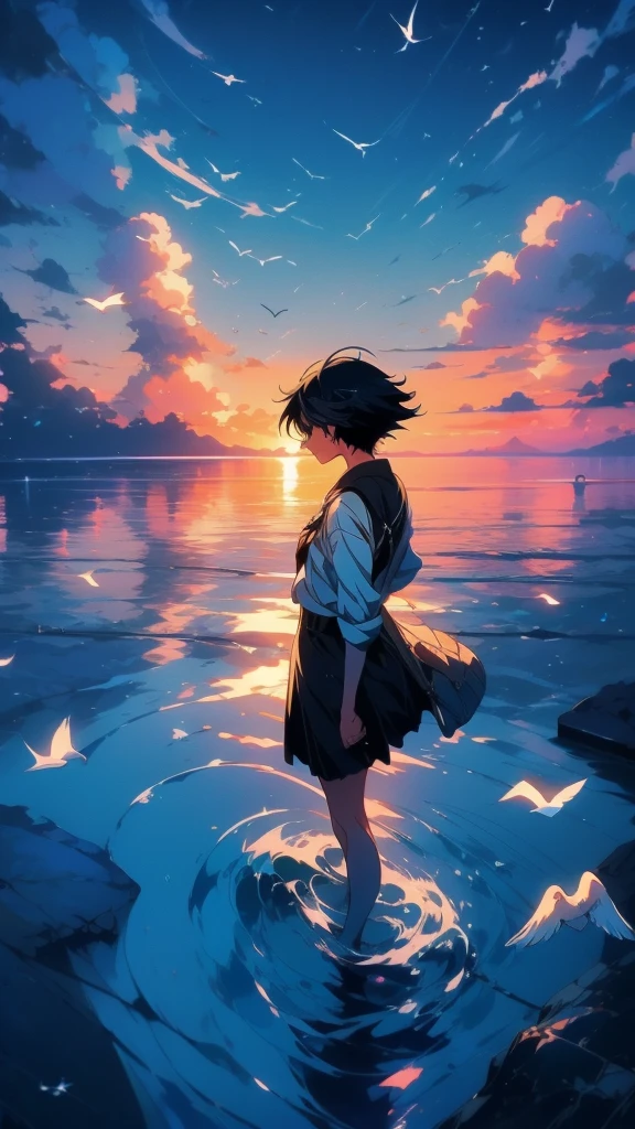 Anime girl standing in water with white birds flying in the sky, makoto shinkai cyril rolando, Walking on water anime, Beautiful peaceful scene in anime, Wallpaper Anime Blue Water, ( ( Makoto Shinkai ) ), in style of Makoto Shinkai, Inspired by Cyril Rolland, Inspired by Makoto Shinkai, Makoto Shinkai!!