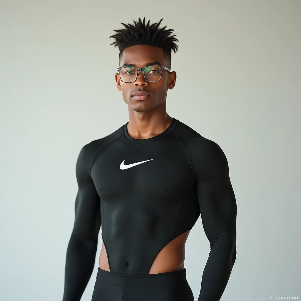 Young mixed-race man with greenish brown eyes and short hair, Dress with Nike from head to toe, Wearing Transparent Rectangular Glasses.