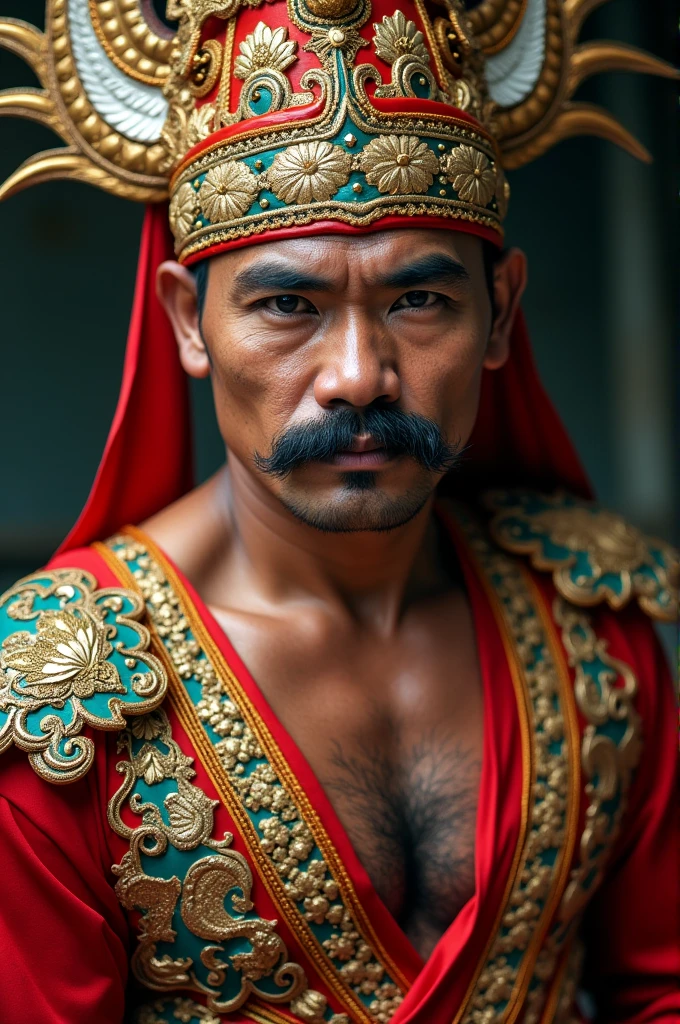 photography of a 33 year old Indonesian man, firm face with a bushy moustache, muscular and sturdy body, wearing a dashing Gatotkaca costume