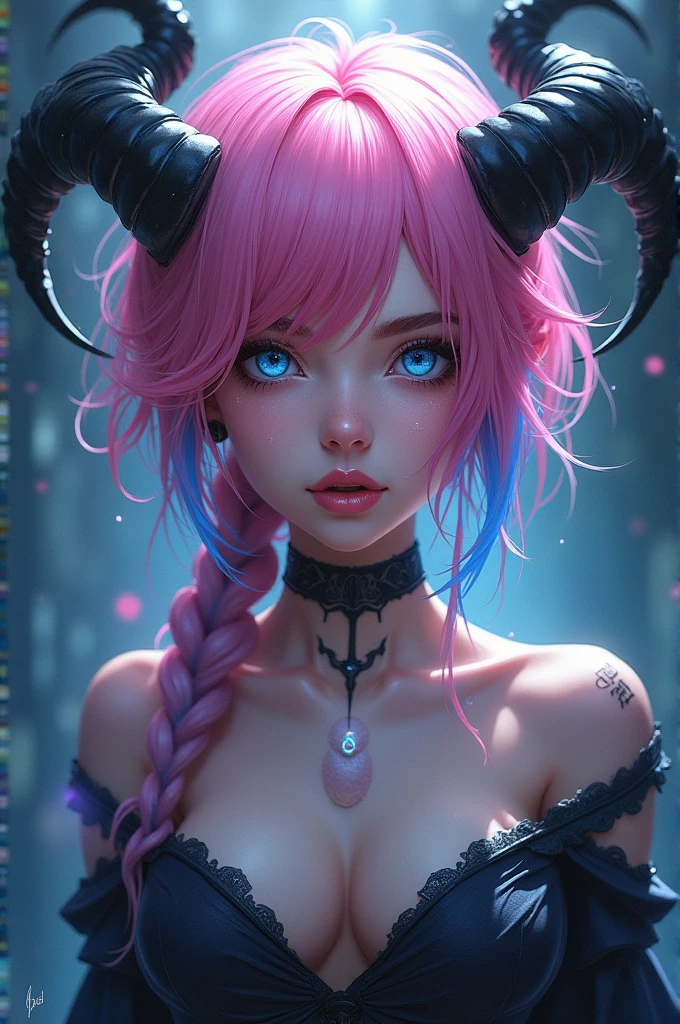 A demon woman, pink hair with blue tips, hornless, anime style 