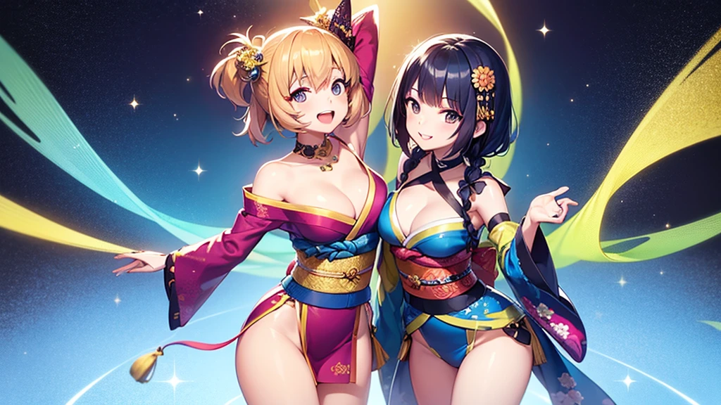 Masterpiece, super high quality anime style illustration. Rio de Janeiro Samba Carnival, ((Two Japanese Samba Dancers)), ((Two very cute girls)), ((Smiling and dancing)), colorful hair, bob, short. Dark eyes, perfect makeup. Extreme and revealing costume. Attractive legs. Confidently spreading legs shoulder width apart.